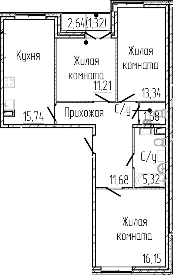 3-комнатная квартира 76.44 м², 2/4 эт., ЖК «SERTOLOVO PARK»